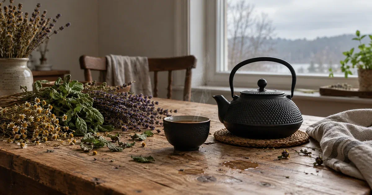 Théière en fonte, tasse et plantes séchées pour tisane : camomille, lavande, menthe